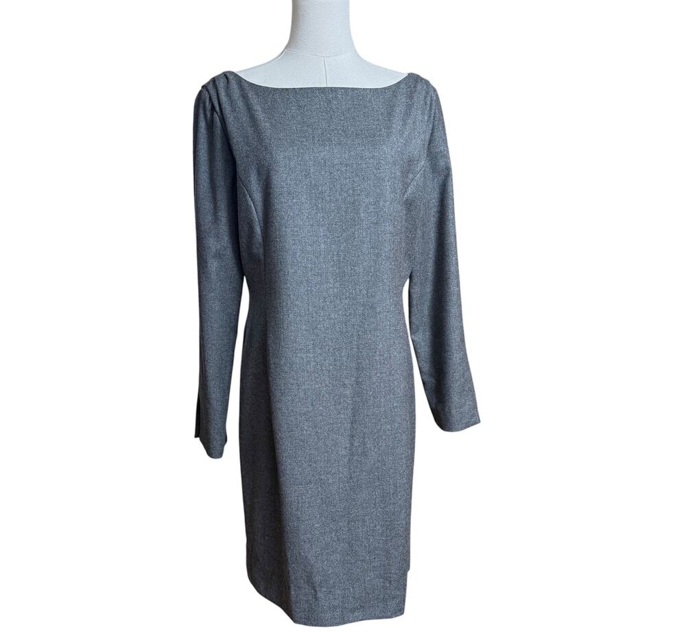 Carolina Herrera Vintage Gray Wool Cashmere Sheath Dress Pleated Shoulder Sz 12